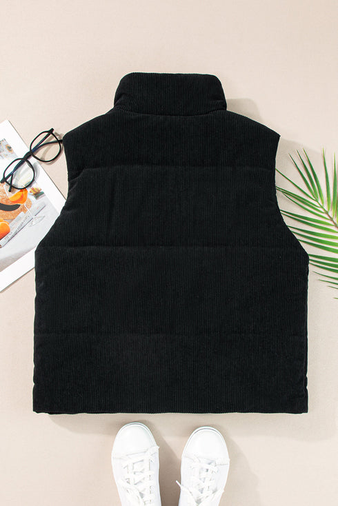 Corduroy Stand-Collar Zip-Front Quilted Puffer Vest